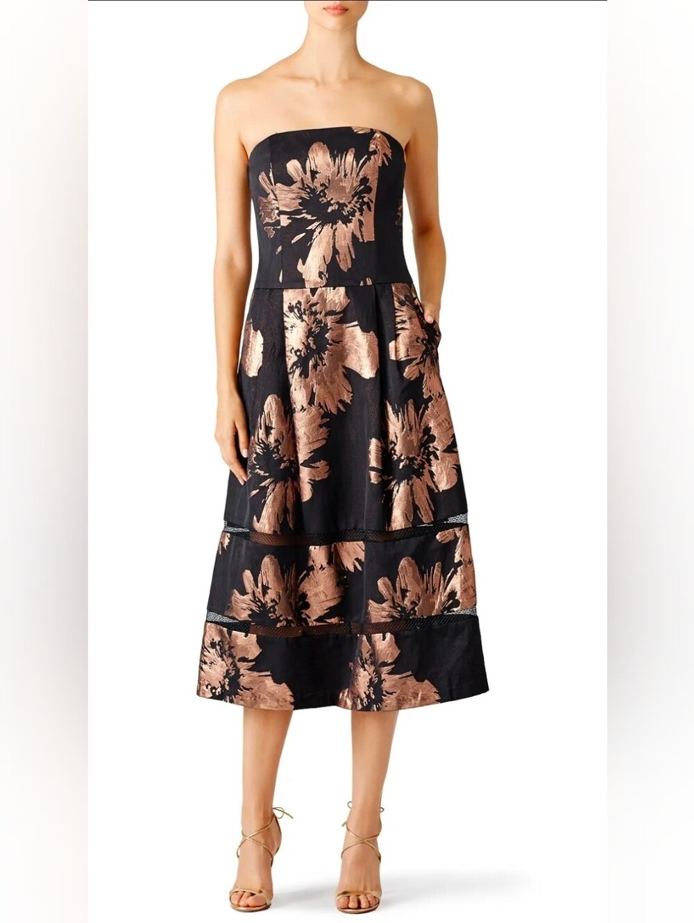 Nicole Miller Black Strapless Dress with Metallic Bronze Floral